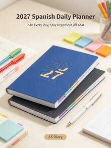 1pc 2027 Spanish Daily Planner Notebook, 8 Colors Available, A5 Thick 80g Paper, 360 Pages, 180° Flat Writing Diary For Work & Study - Multi-color - View 9