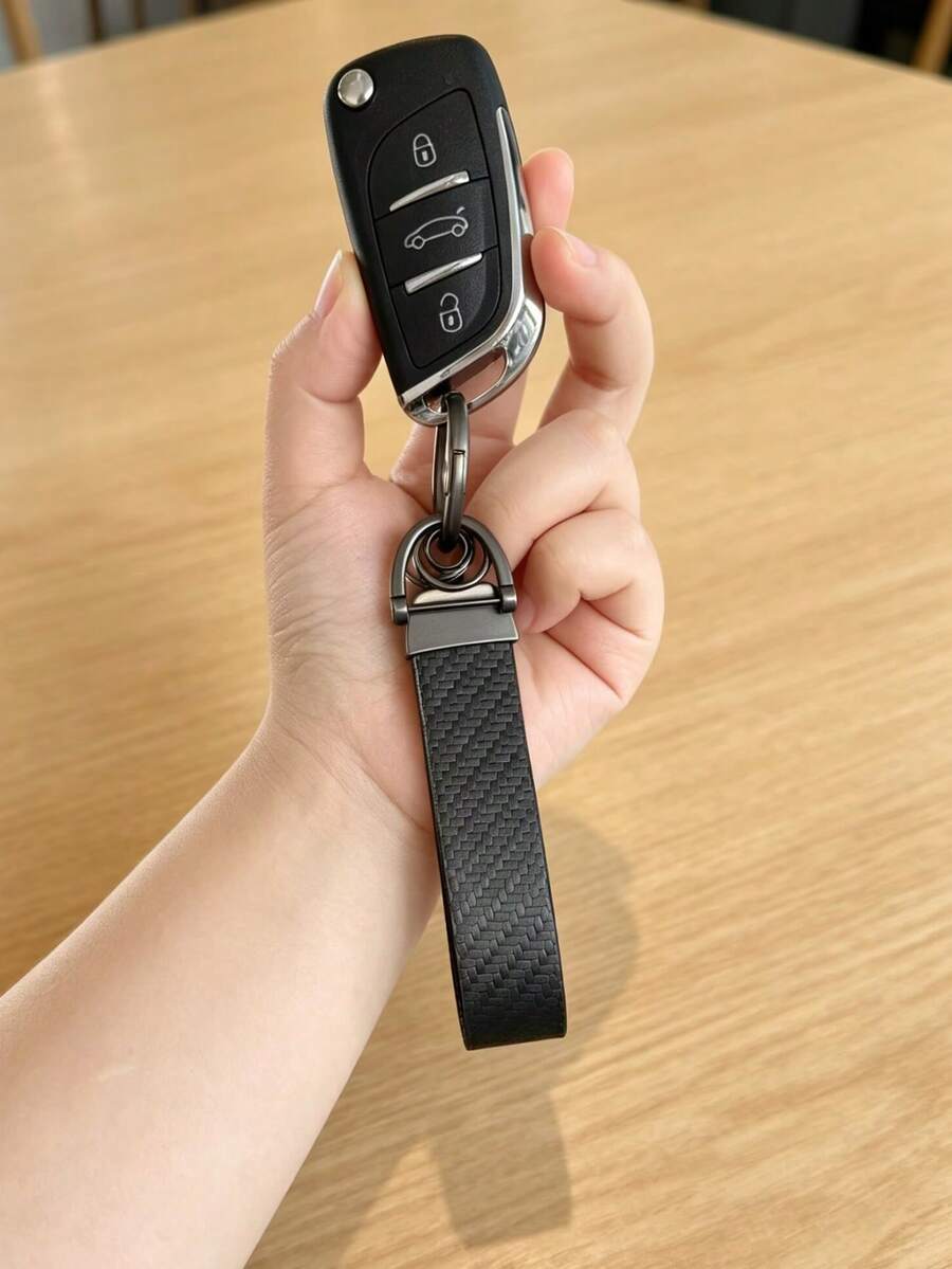 Carbon Fiber Pattern PU Rope Car Keychain Pendant, Creative Key Lanyard, D-Shaped Buckle Key Accessory, Car Lock Remote Key Accessory, Men's Keychain Pendant, Minimalist Keychain Pendant. - A - View 1