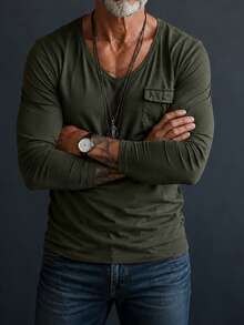 Men's Fashion Comfortable Cotton Pocket Long Sleeve T-Shirt - Green - View 3