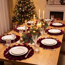 1pc/1set, Green, Red, High-Quality Velvet Christmas Placemat, Unique Pleated Lace Design, 40cm Diameter Round Table Decor Mat, Christmas Home Decoration, Suitable For Parties, Gatherings, Family Dinners - Multicolor - View 6