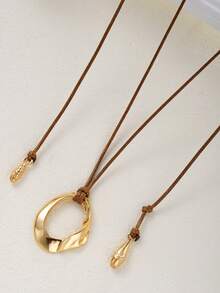 1pc Bohemian Style Brown Rope Exaggerated Asymmetrical Geometric Gold Hollow Large Metal Pendant Adjustable Necklace Lightweight Niche Long Necklace For Women - Gold - View 5