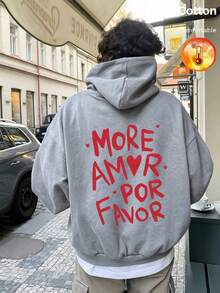 Men's Fleece Hoodie, Back Printed With Uppercase Letters "MORE AMOR POR FAVOR" And Heart Pattern, Y2K Style, Autumn/Winter - Floral Gray - View 11