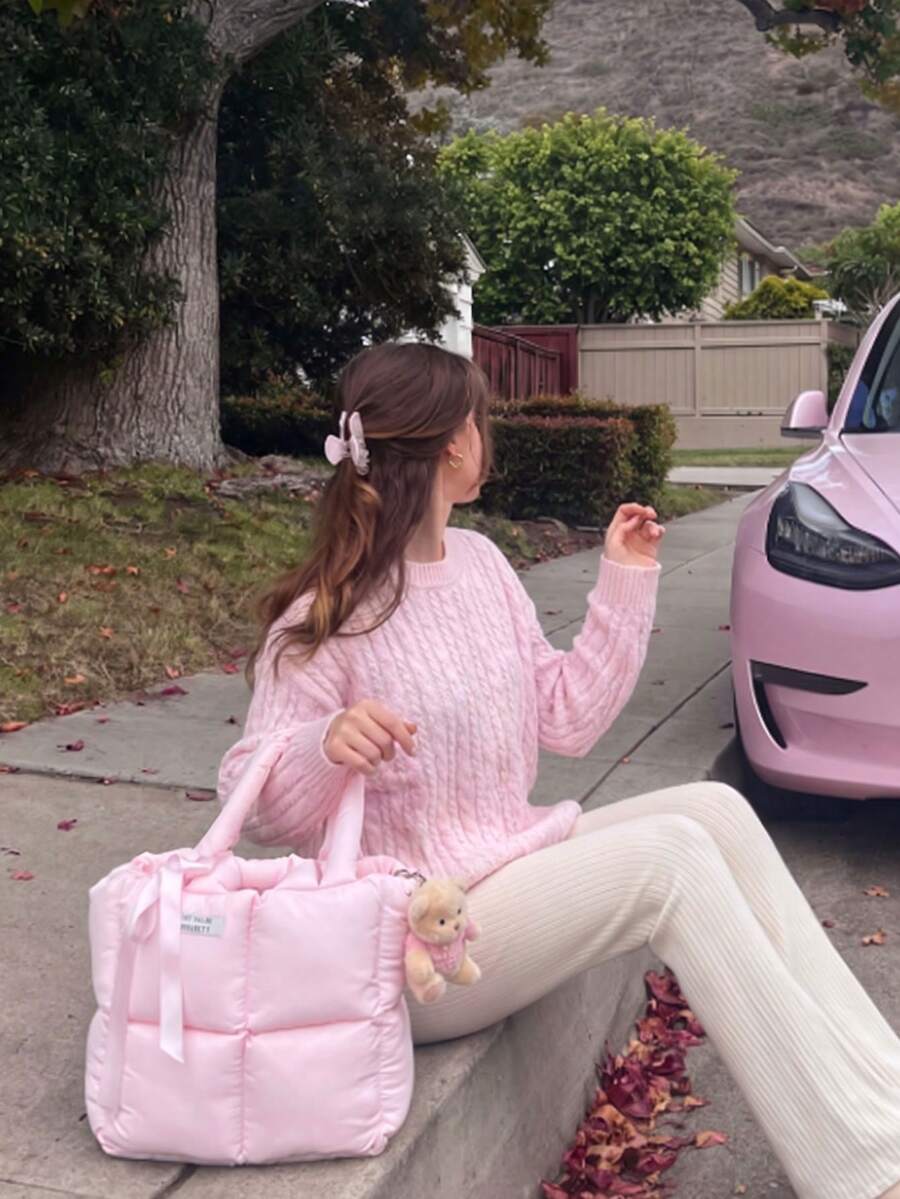 Women's Pink Cable Knit Pullover Sweater, Winter Fashion Long Sleeve Regular Fit Knitwear - Pink - View 1