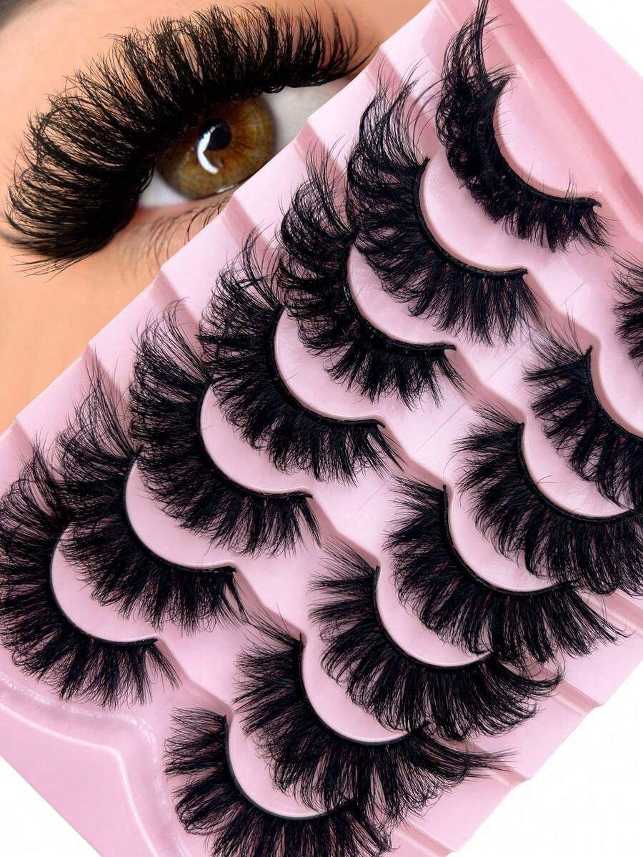 7 Pairs /Pack Thick Curly Fluffy Volume Soft False Eyelashes Mink Lashes Cat-Eye Look Wispy 3D Volume Reusable Fake Eyelash Strips Eye Lifting Look Extension Full Eyelash Strip To Lengthen And Volumize The Outer Corner Of Your Eye For Beauty Makeup - Black - View 1