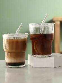 Striped Glass Cup With Straw And Lid Portable Water Cup For Men And Women Reusable Striped Glass Cup For Home Kitchen Indoor Work Class Dorm Outdoor Christmas Halloween Birthday Gift Back To School Beach Essential Accessory Coffee Tea And Juice - Multicolor - View 10