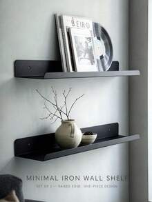 2Pcs Minimal Black Metal Floating Wall Shelf, One‑Piece Iron Wall Mount Display Rack, Raised Lip Edge Storage Shelving For Bedroom Bathroom Kitchen Home Decor - Multicolor - View 1