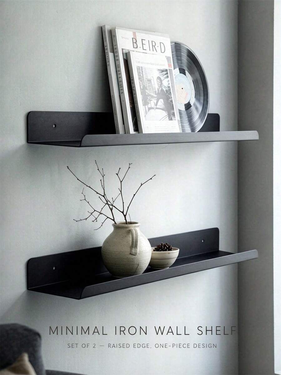 2Pcs Minimal Black Metal Floating Wall Shelf, One‑Piece Iron Wall Mount Display Rack, Raised Lip Edge Storage Shelving For Bedroom Bathroom Kitchen Home Decor - Multicolor - View 1