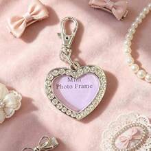 1-3pcs Fashion Creative Romantic Rhinestone Heart-Shaped Openable Photo Keychain, Zinc Alloy Couple Love Expression Heart Key Chain, Holiday Party Gift For Women, Daily Versatile Bag & Clothing Pendant - Pink - View 9