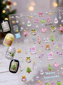 2pcs 5D Embossed Christmas Macaron Snowman Christmas Tree Nail Art Stickers Winter Red Snow Hut Snowman Snowflake Nail Decals Merry Christmas Cartoon Manicure Decoration - Multicolor - View 6