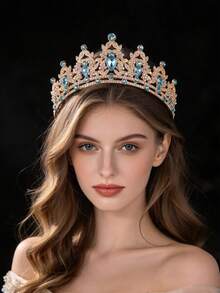 1pc European & American Fashion Exquisite Alloy Bridal Crown, Suitable For Women's Wedding Party Hair Accessory, Queen Princess Party Headpiece - Golden Lake Blue - View 2