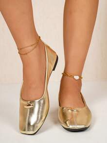 Women's French Vintage Flat Shoes With Single Strap, Fairy Style Granny Shoes, Spring New Shallow Square Toe Gold Pumps - Gold - View 3