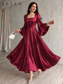 ALIAO Vestido Maxi de Satén Sólido con Cuello en U, Espalda Descubierta, Mangas Acampanadas y Corte A para Otoño e Invierno, Elegante para Boda, Vacaciones, Citas y Fiestas - Burdeos - Ver 4