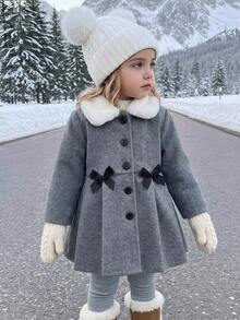 1pc Baby Girl Cute Comfortable Plush Collar Long Sleeve Open Front Wool Dress Set, Autumn/Winter Elegant Party - Grey - View 4