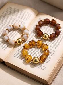 1pc Square Acrylic Beaded Stretch Bracelet Marble Pattern Cube Beads 18K Gold Plated Spacer Beads Stackable Wrist Jewelry Vintage Fall Style - Bracelet - View 4