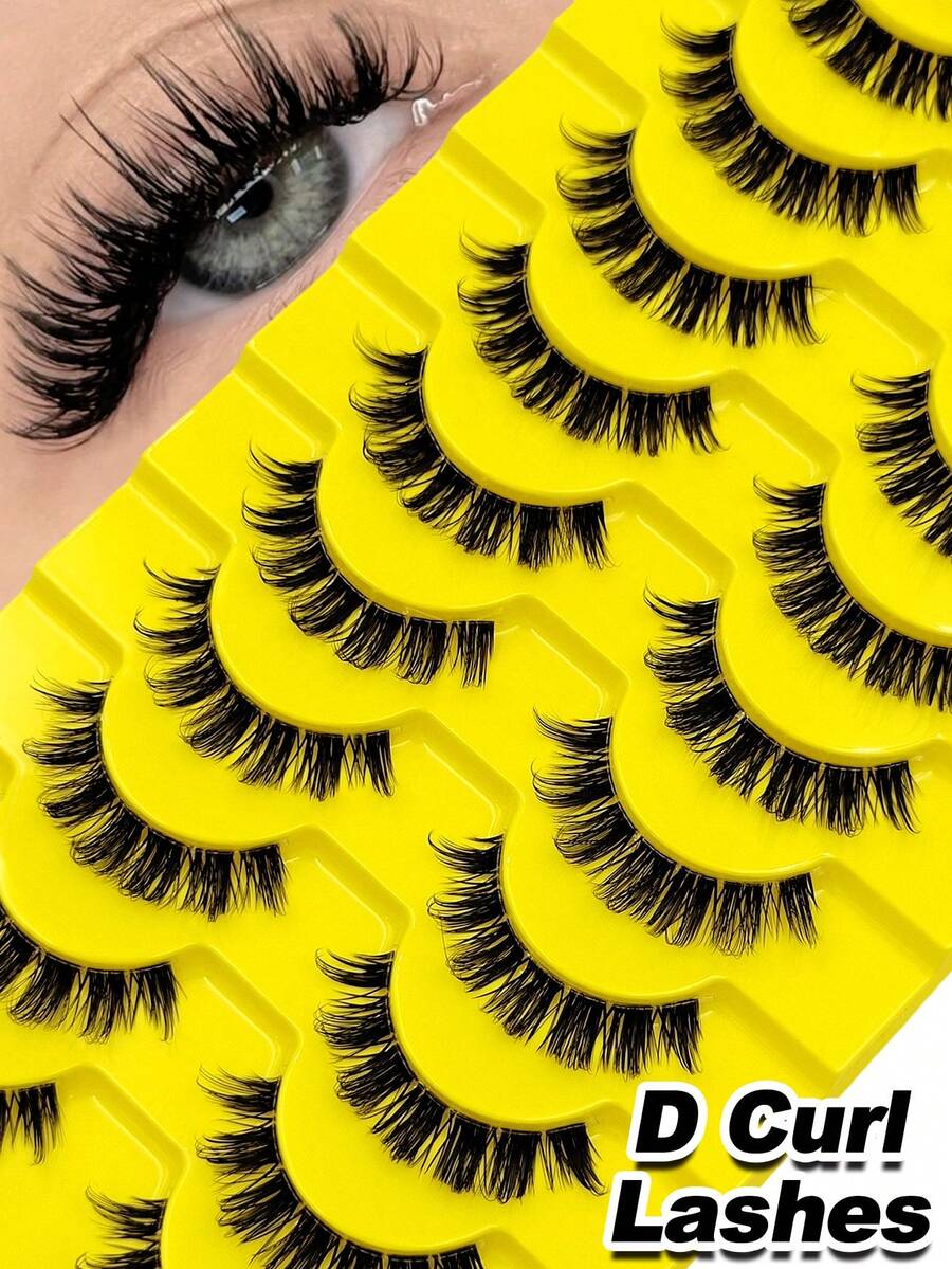 Sibeuna 10 Pairs D Curl Fluffy Eyelashes Clear Band Natural Soft Lashes Cross & Wispy Cat Eye Lashes Faux Mink Full Strip Eyelashes Russian Volume Lashes Reusable Party,Vocation,Beach,Travel Essentials - Black - View 1