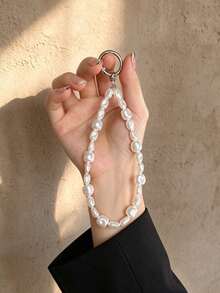 Minimalist Oval Faux Pearl Beaded Wrist Phone Lanyard, Gentle Elegant Style Anti-Loss Wrist Strap, Spring Buckle Design Detachable, Multi-Functional Accessory, Can Be Paired With Phone Case, Keys, Handbag, Versatile Daily Decorative Charm For Women - White - View 3