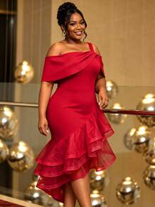 Glamorous Women Plus Ize Red Off Shoulder Cold Shoulder Bodycon Mini Dress High Waist Tiered Ruffle Hem Evening Party Wedding Guest Gown - Red - View 6