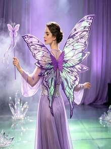 Fairy Butterfly Wings And Butterfly Magic Wand Set, Tulle Butterfly Wings With Long Ribbon Magic Wand, Suitable For Halloween Cosplay, Party Costume And Photography Props - Multicolor - View 1