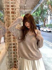 Women's Loose Hollow V-Neck Knit Sweater, Casual Pullover Top, Lightweight For Spring/Autumn - Dusty Pink - View 3