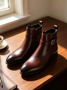 Brown Buckle Chelsea Boots Men's Pointed Toe Side Zipper Business Formal Shoes Low Heel Commute Versatile Retro Boots Party Wedding Suit Matching Boots - Brown - View 3