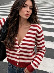 Women's Plus Size Fuzzy Knit Striped Cardigan, Comfortable Autumn/Winter Round Neck Long Sleeve Button-Front Sweater, Drop Shoulder Design, Regular Length. Red And Beige Striped Contrast Color, Full Of Vitality, Autumn/Winter Daily Wear - Red - View 2