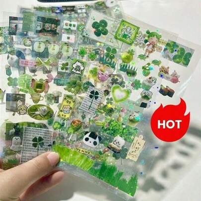 10pcs/20pcs Cute Original Self-Adhesive Highly Attractive DIY Four-Leaf Clover Vintage Green Grass Scrapbook Stickers, Retro Double-Transparent Collage Decorative Stickers, Ins Style Fresh Scrapbook Stickers