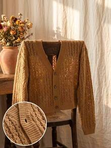 Women's Plus Size Cropped Knit Cardigan With Long Sleeves And Button Detail. Perfect For Fall Women's Casual Wear. - Mustard Yellow - View 6