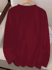 Christmas Tree & Slogan Print Round Neck Long Sleeve Women T-Shirt - Burgundy - View 3