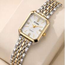 1pc Teens Gold Rectangle Watch, Rhinestone Inlaid Dial Stainless Steel Bracelet Wristwatch, Minimalist Elegant Watch Daily Office Jewelry Gift - Multicolor - View 5