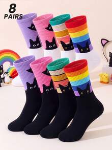 4/8 Pairs Rainbow Striped Colorblock Cat Pattern Women's Mid-Calf Socks, Soft And Comfortable, Suitable For Daily Wear - Multicolor - View 9