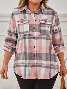 Plus Size Women's Casual College Style Printed Flap Pocket Roll Tab Sleeve Single-Breasted Button-Up Shirt, Spring/Autumn - Pink - View 4