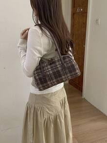 Women's Shoulder Bowling Bag, Fashionable Retro Plaid Design, Suitable For Shopping And Commuting, Brown Color, Autumn/Winter - Brown - View 7