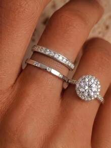 1/3pcs Daily Wear Silver Adjustable Zirconia Ring Set, Rotating Single CZ Design, Delicate Stackable Finger Ring For Women - 3-piece Set Style B - View 1
