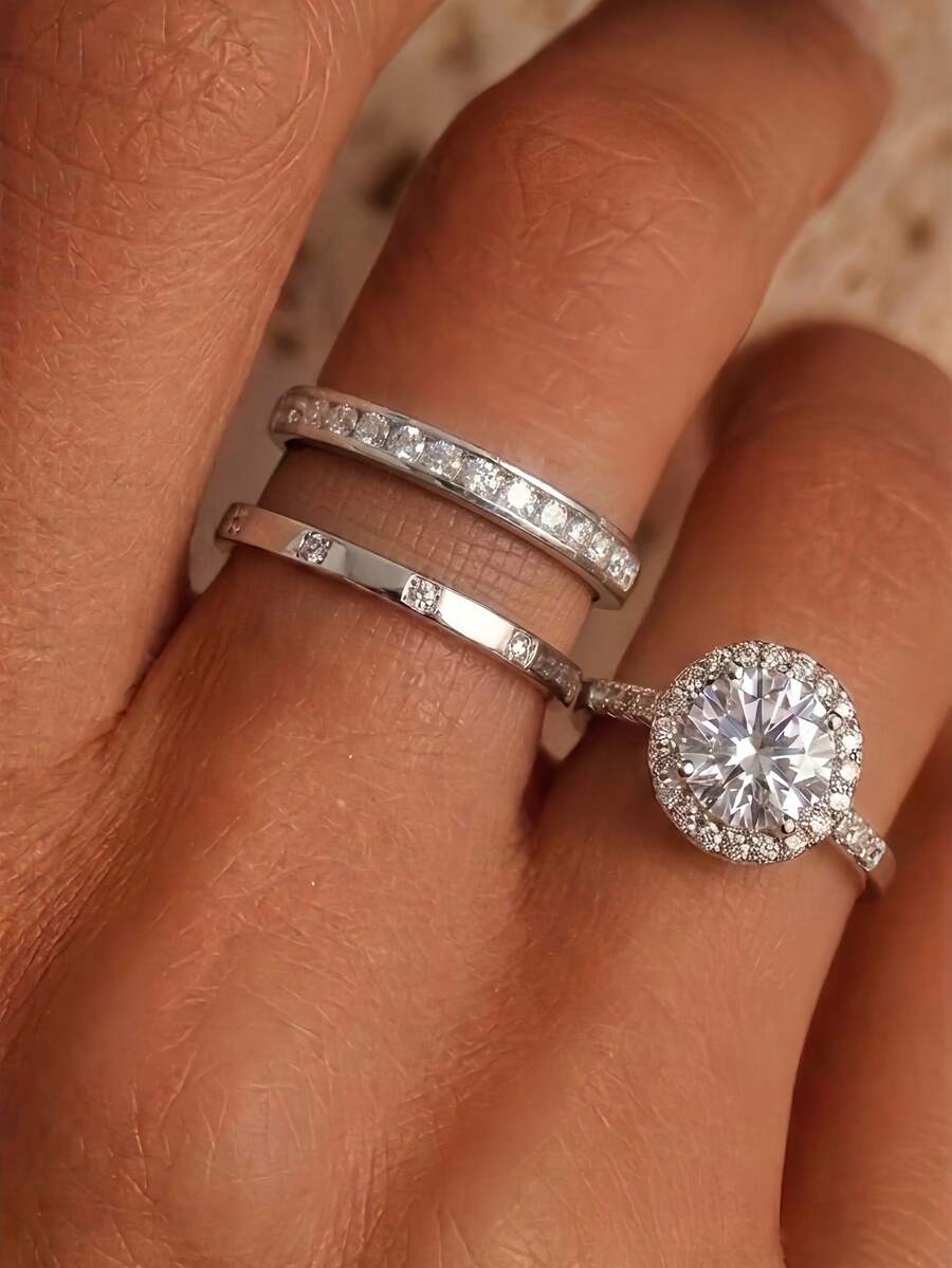1/3pcs Daily Wear Silver Adjustable Zirconia Ring Set, Rotating Single CZ Design, Delicate Stackable Finger Ring For Women - 3-piece Set Style B - View 1