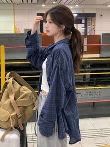 YCYC Korean Style Retro Plaid Shirt Women Korean Version Autumn New Design Loose Blouse Jacket Outerwear Long Sleeve Mid-Length Top - Navy Blue - View 1