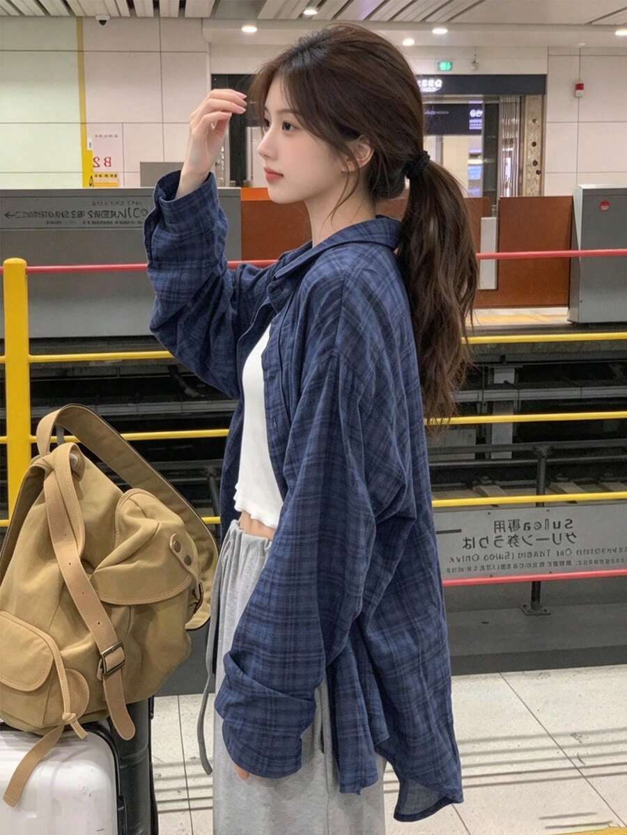 YCYC Korean Style Retro Plaid Shirt Women Korean Version Autumn New Design Loose Blouse Jacket Outerwear Long Sleeve Mid-Length Top - Navy Blue - View 1