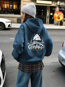 Autumn Winter Women's Fleece Hoodie With Christmas Tree And Merry Christmas Print Y2K - Cow Blue - View 4