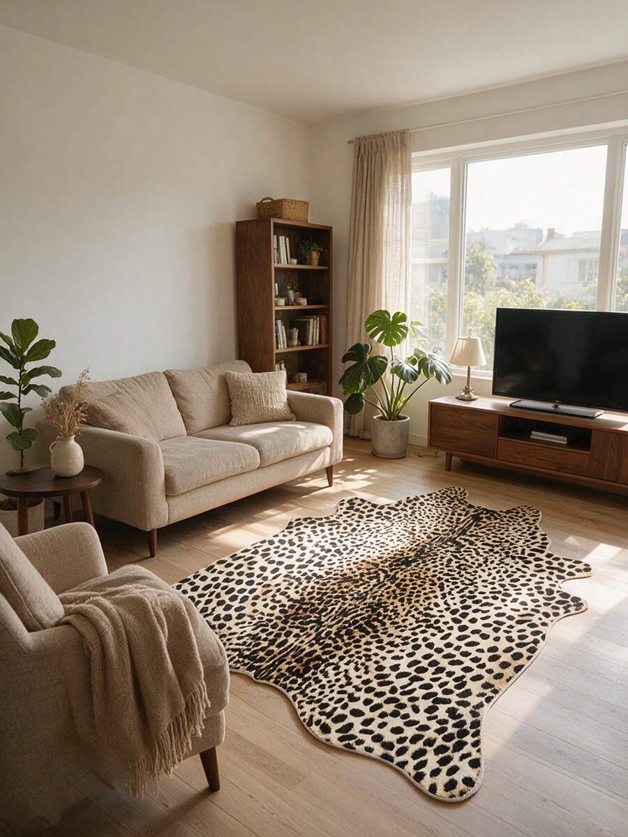 Faux Leopard Skin Asymmetrical Shaped Rug, Vintage Animal Print Living Room Decor Mat, Luxury Asymmetrical Bedroom Bedside Foot Mat - Multicolor - View 1