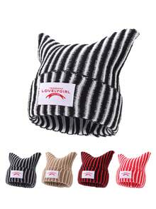 1pc Men's Fashion Versatile Striped Letter Patchwork Horn Knit Beanie Hat, Warm Woolen Cap For Autumn/Winter Daily Wear And Outfits - A - View 1