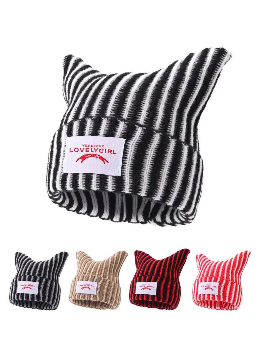 1pc Men's Fashion Versatile Striped Letter Patchwork Horn Knit Beanie Hat, Warm Woolen Cap For Autumn/Winter Daily Wear And Outfits - A - View 1
