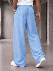 GRDR Men's Casual Drawstring Elastic Waist Loose Draped Lazy Wide Leg Long Pants - Dusty Blue - View 3