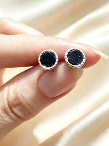 1 Pair Men's Round Black Starry Sky Sparkling Stud Earrings, Dark Punk Style Personalized Ear Jewelry, Suitable For Street Fashion, Travel, Party And Daily Wear - Silver - View 3