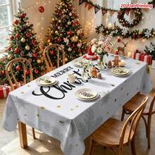 1件裝聖誕主題桌布，銀色雪花、金銀球飾、金色星星與手寫「Merry Christmas」文字，適用於廚房餐桌布置、餐廳裝飾、野餐露營桌面佈局、派對場景營造、農舍風裝飾、節日氛圍提升與日常桌面美化 - 彩色 - 查看 7