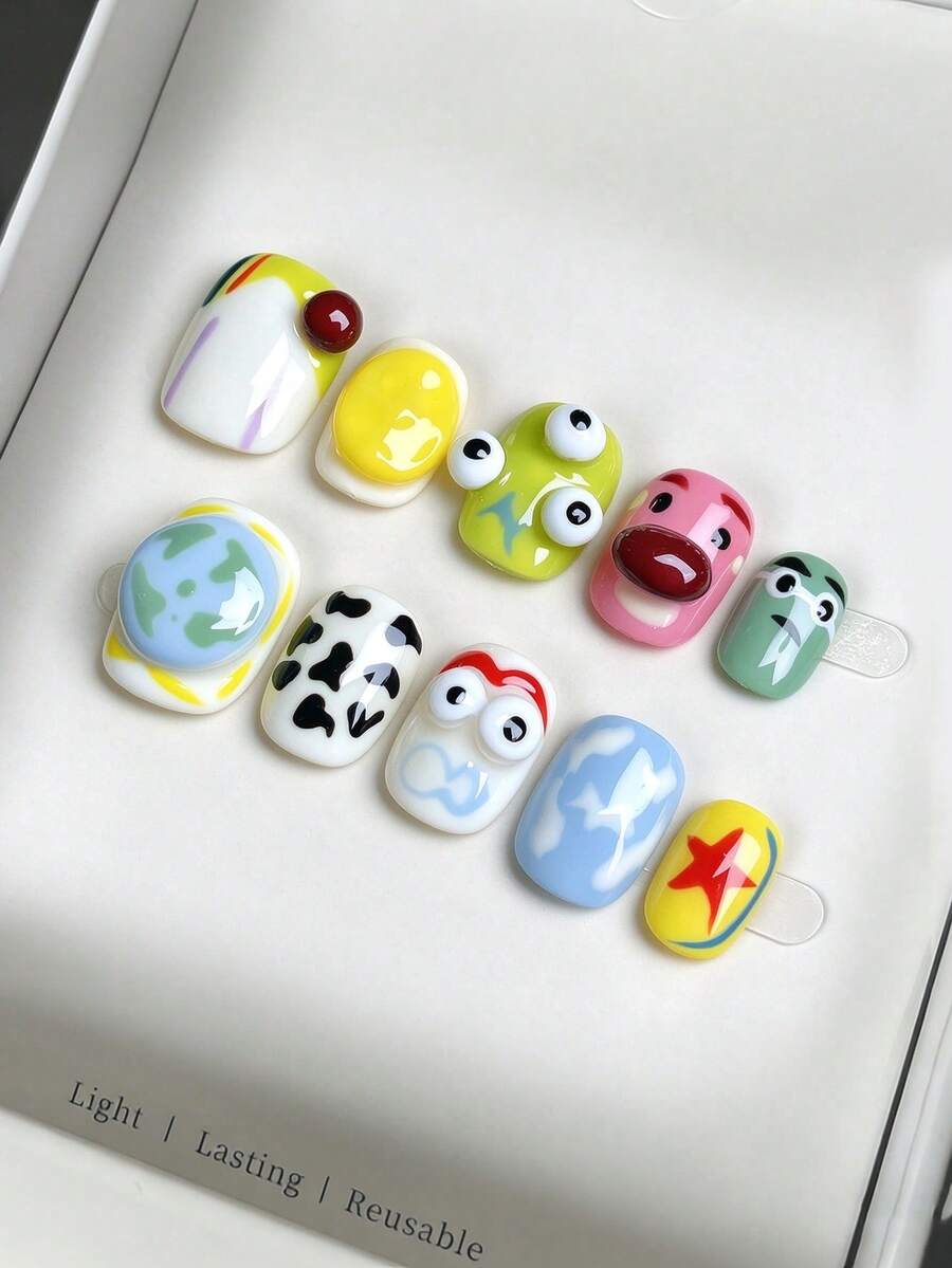 10pcs Square-Oval Colorful Fun Pattern Fake Nails, Cartoon Characters And 3D Decorative Elements, 100% Handmade Reusable Press-On Acrylic Nails, Suitable For Women's Daily Wear Or Theme Parties - Multicolor - View 1
