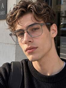 Men's European And American Square Frame Glasses, Classic Rectangular Large Frame, Rounded Corner Design, Vintage Fashion Style, Street Photography, Travel, City Commute - Clear - View 3