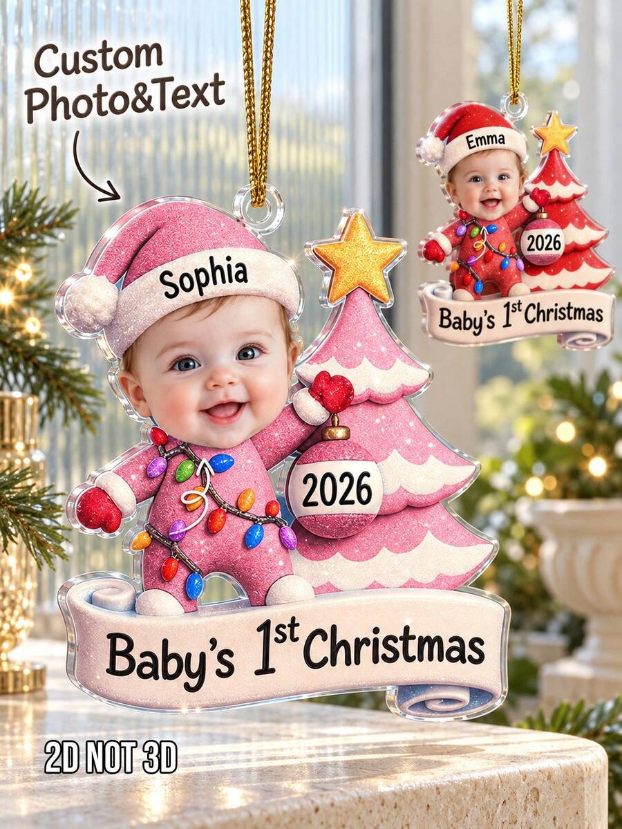 1pc Custom Baby's 1st Christmas Photo And Text Ornament, Personalized Glitter Santa Baby Outfit Keepsake Gift,Newborn First Christmas Memory - Multicolor - View 1