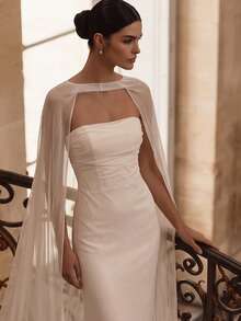 White Elegant Knit Fabric Strapless Long Wedding Dress, Backless Design With Pleats And Pleated Details, High Elasticity Sheer Draping - White - View 5