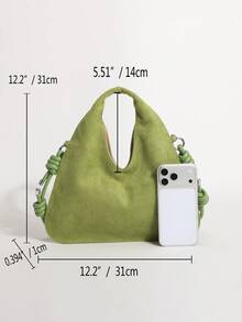 1件抹茶綠復古啞光人造皮革PU紋理手提包，極簡純色女款托特包，配時尚繩結可調節肩帶斜挎包，秋冬新款極簡風日常百搭款 - 綠色 - 查看 2