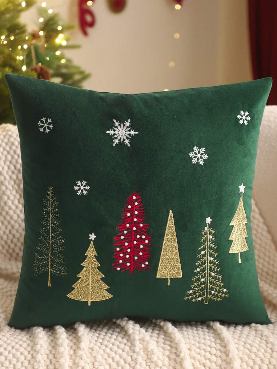 1件/2件裝聖誕裝飾抱枕套 刺繡天鵝絨 聖誕樹雪花圖案 沙發客廳臥室家居裝飾 派對節日禮物