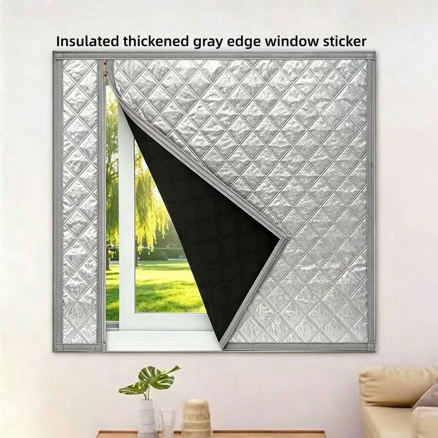 Grey Trim Zippered Thickened Insulated Curtains, Winter Window Windproof & Cold-Proof, Indoor Temperature Retention & Noise Reduction - Silver Curtain Grey Trim Left-opening Zipper Style - View 1